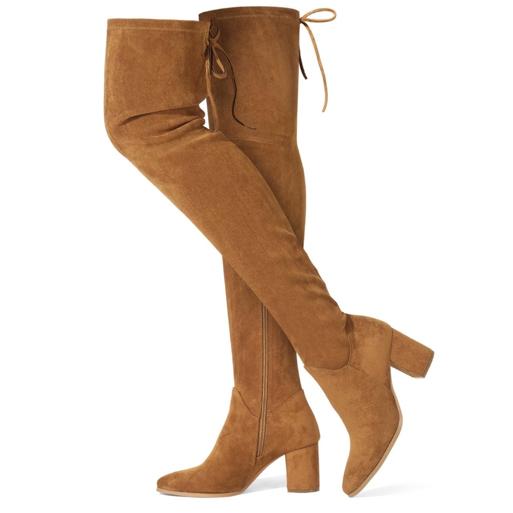 Over-the-Knee Suede Block Heel Boots - Tan